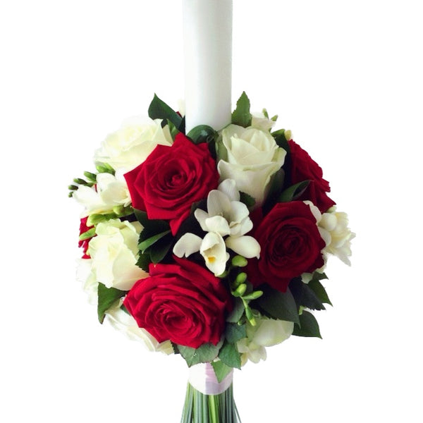 Baptism candle with roses and freesias