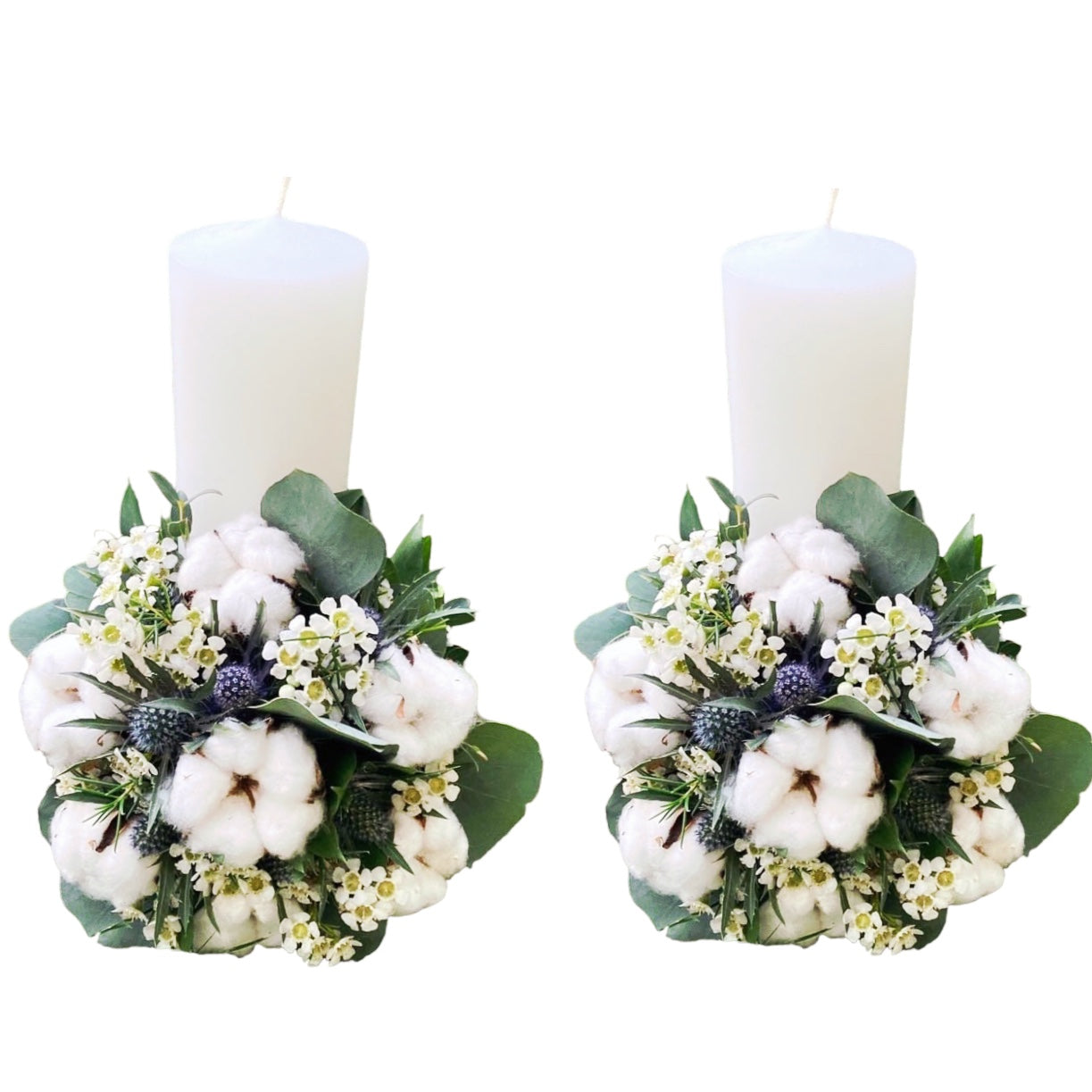 Lumanari nunta cilindrice, scurte bumbac si eryngium