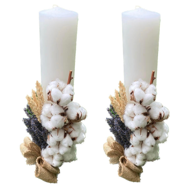 Simple lavender and cotton wedding candles