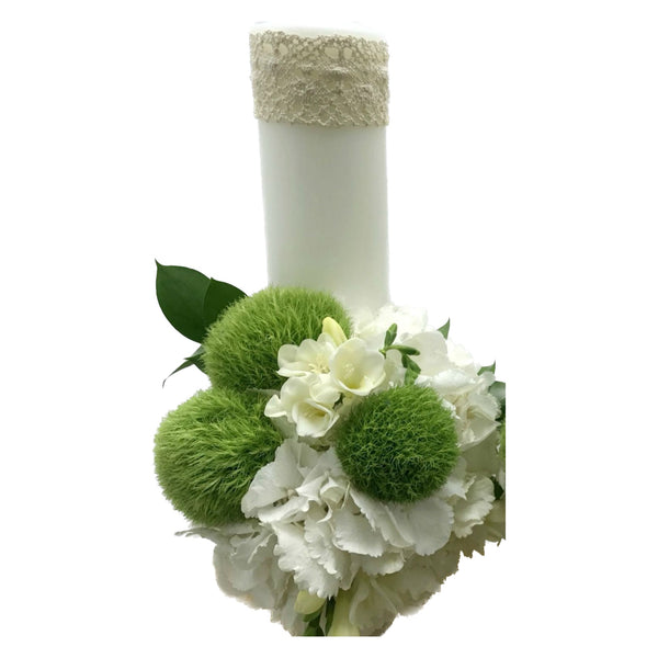 Short hydrangea and freesia baptism candle