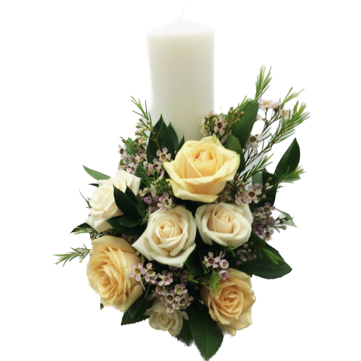 Short baptism candle peach and cream roses