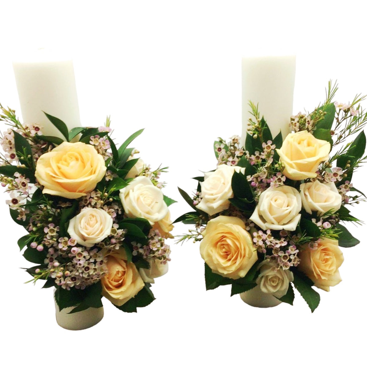 Lumanari cununie scurte trandafiri peach si crem