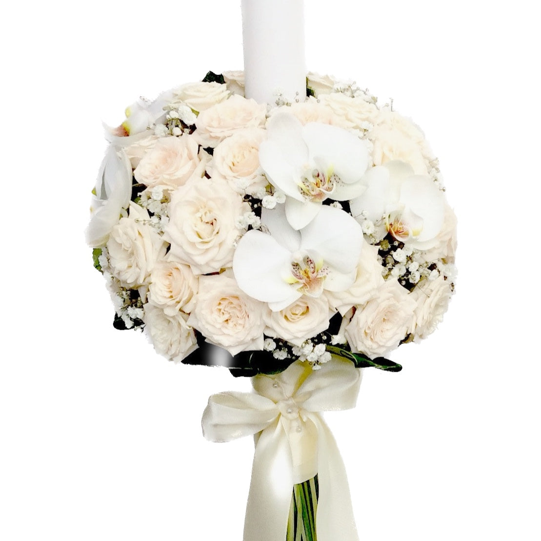 Baptism candle, mini cream roses and phalaneopsis orchids