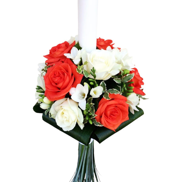 Baptism candle with white and orange roses