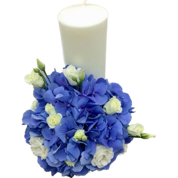 Short christening candle for boys, blue hydrangea