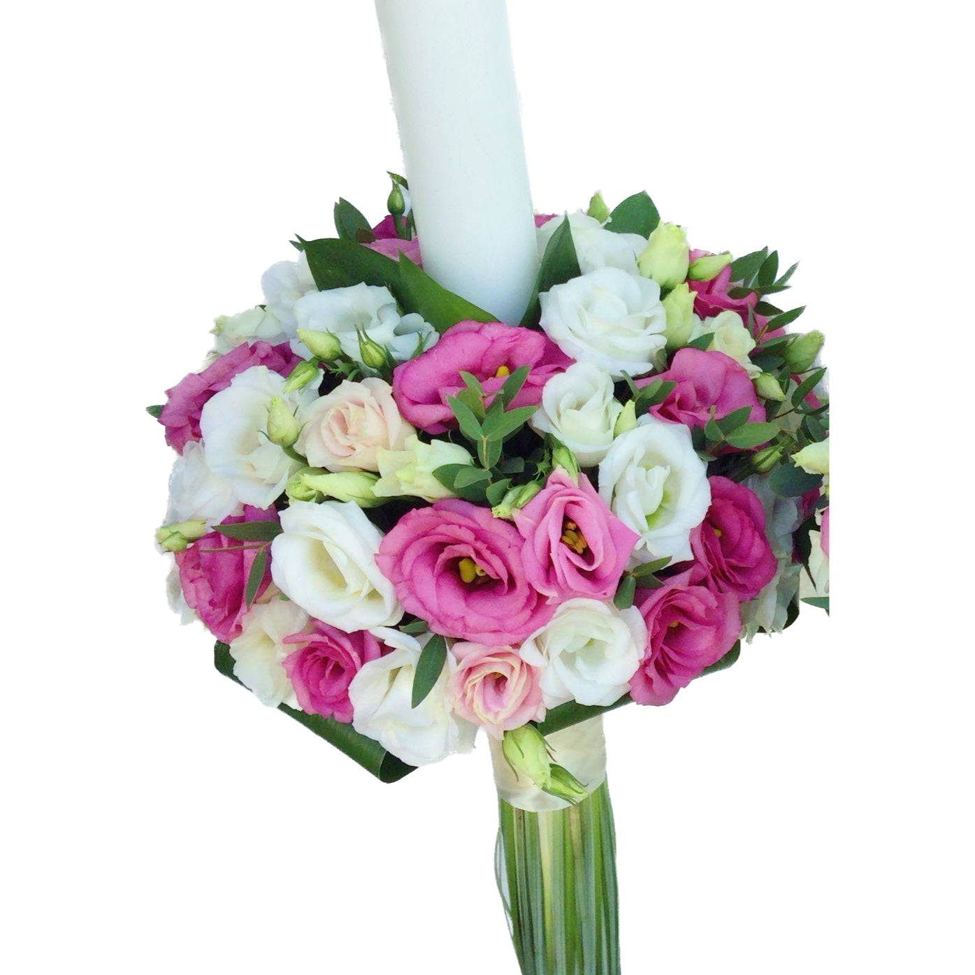White and pink lisianthus christening candle for little girls