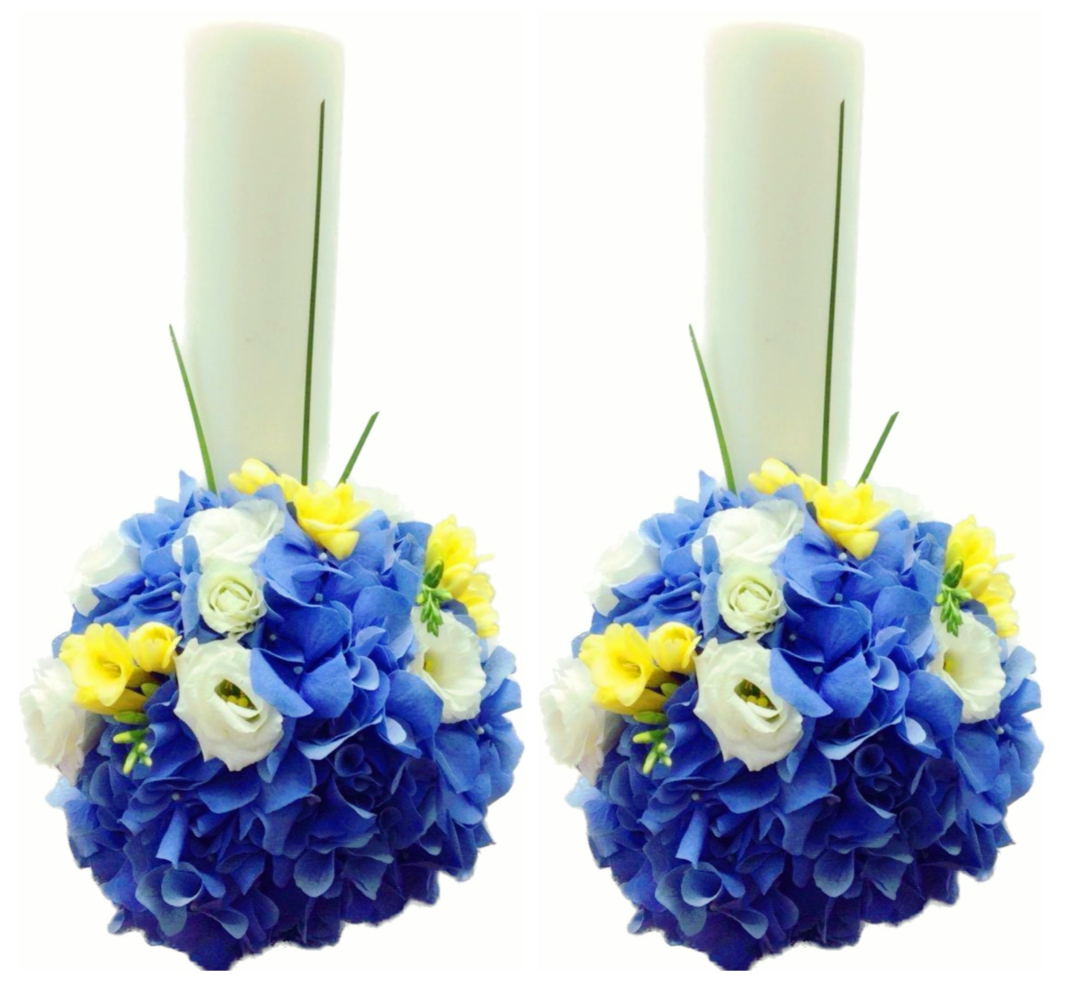 Lumanari cununie scurte hortensie si frezii galbene