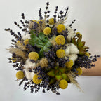 Buchet de cununie cu plante suculente, lavanda, bumbac, pampas si craspedia