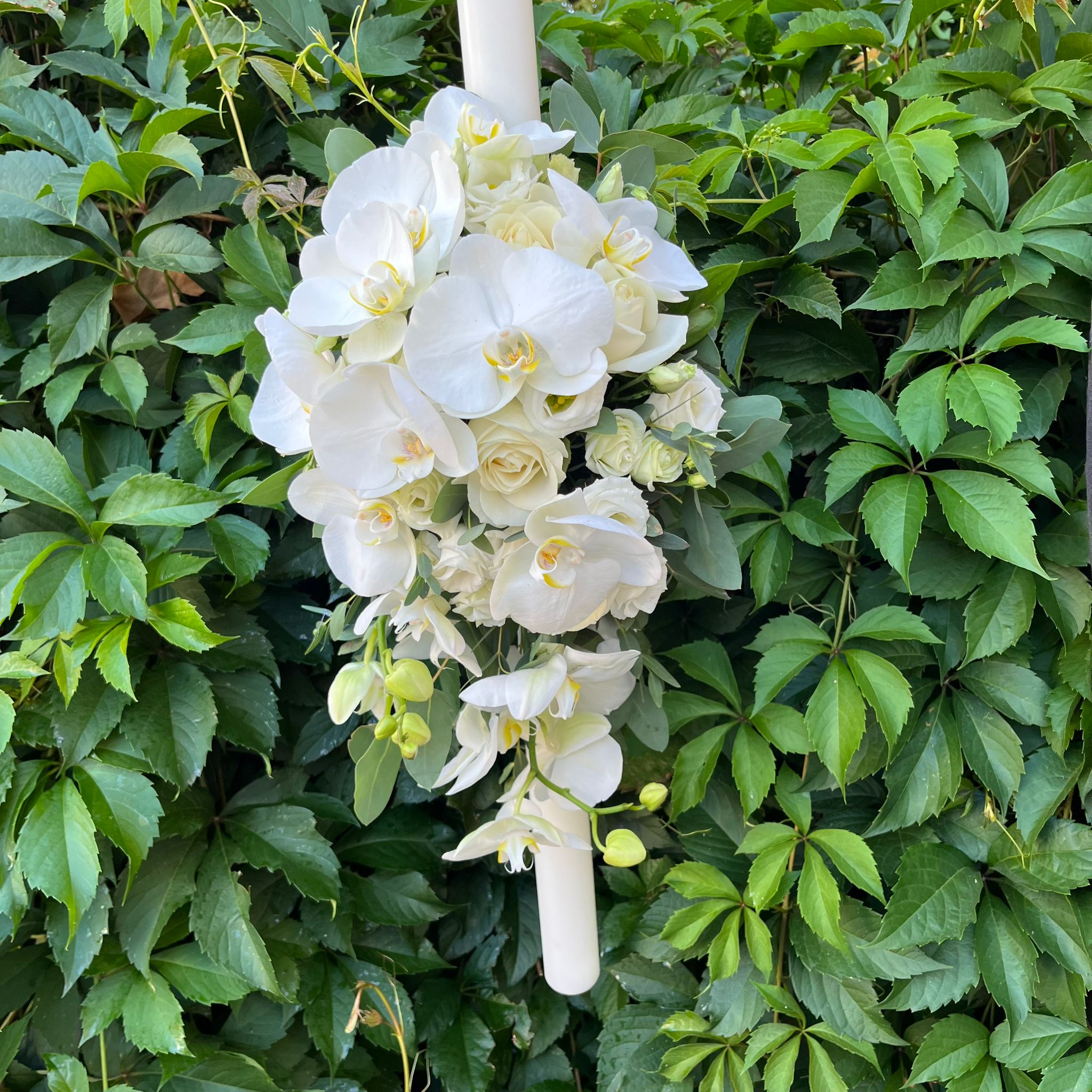 Flowing christening candle - roses, lisianthus and phalaenopsis orchids