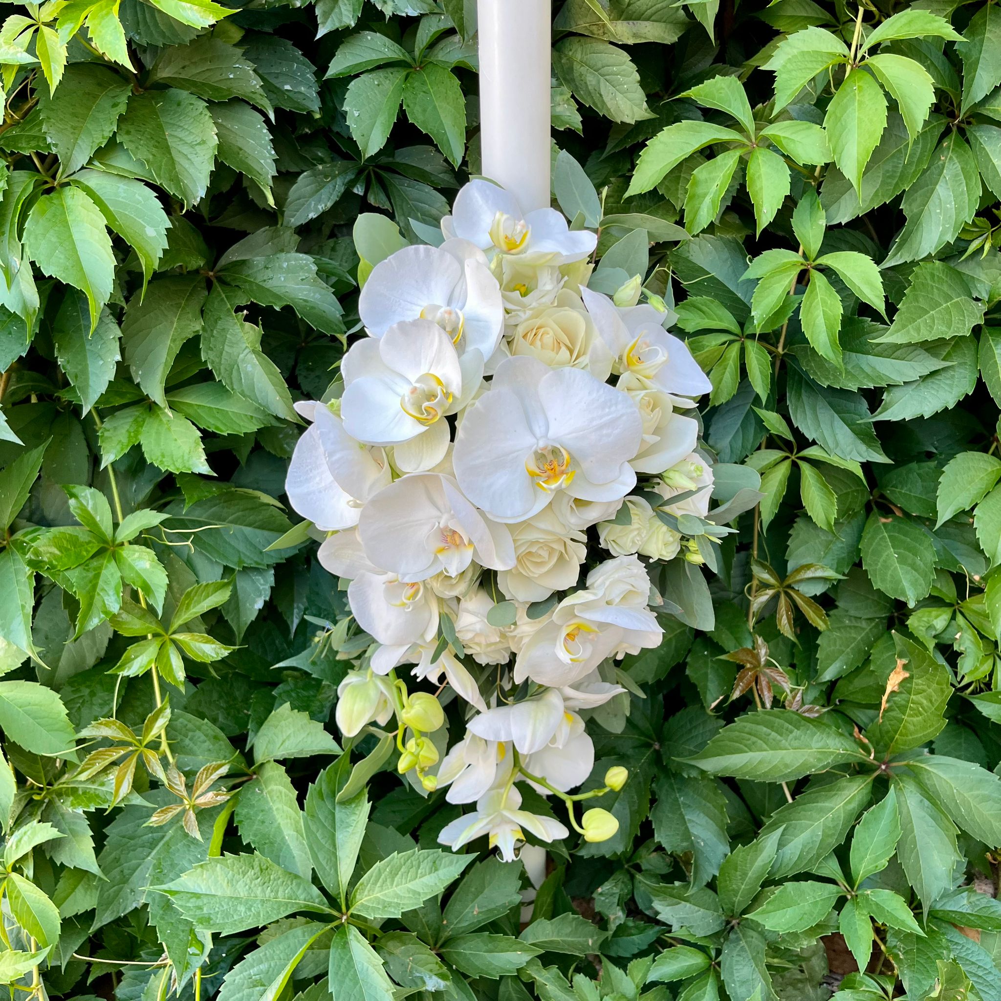 Flowing christening candle - roses, lisianthus and phalaenopsis orchids
