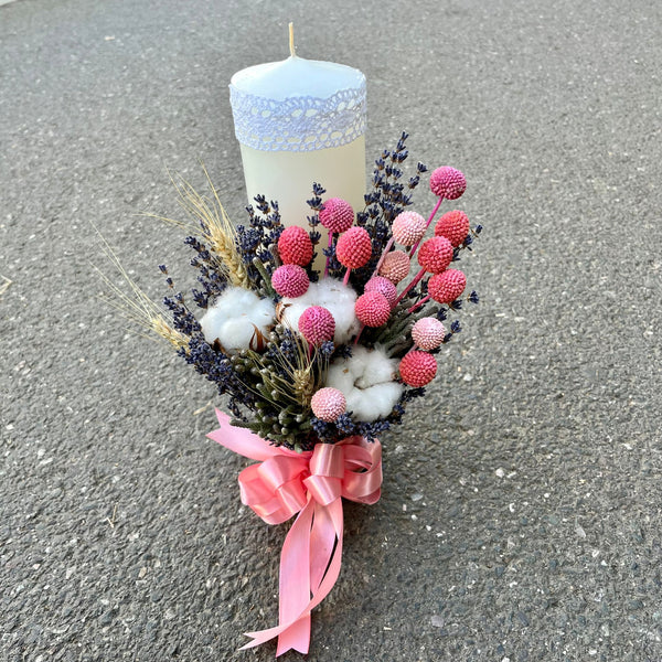 Baptism candle pink craspedia cotton and lavender