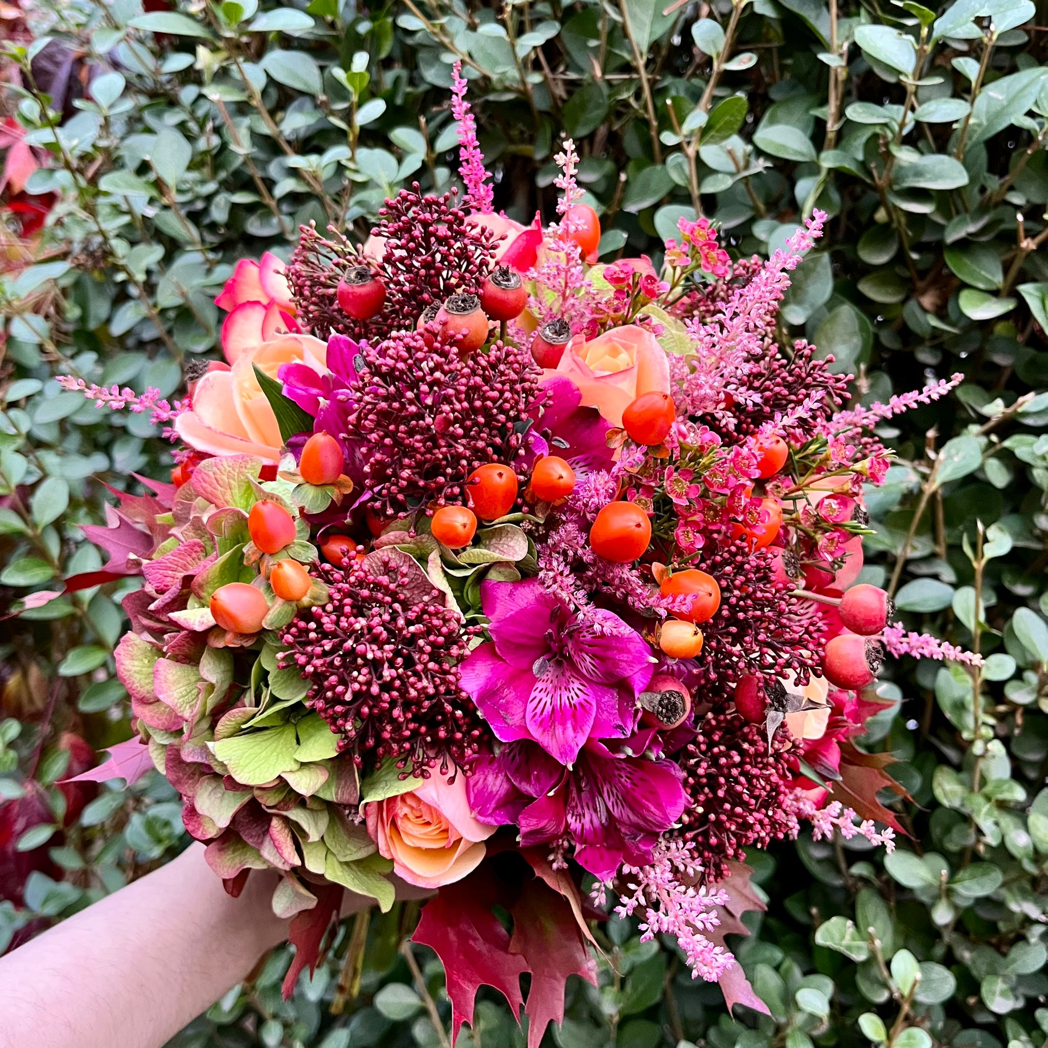 Autumn bridal bouquet with alstromeria astilbe and hydrangea