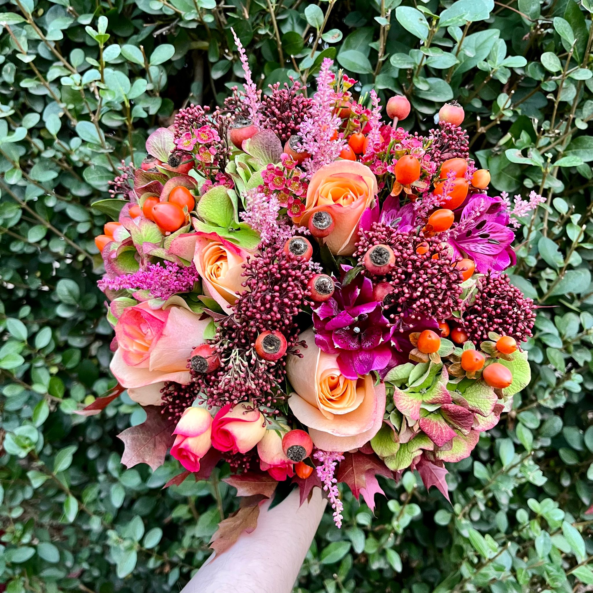 Autumn bridal bouquet with alstromeria astilbe and hydrangea