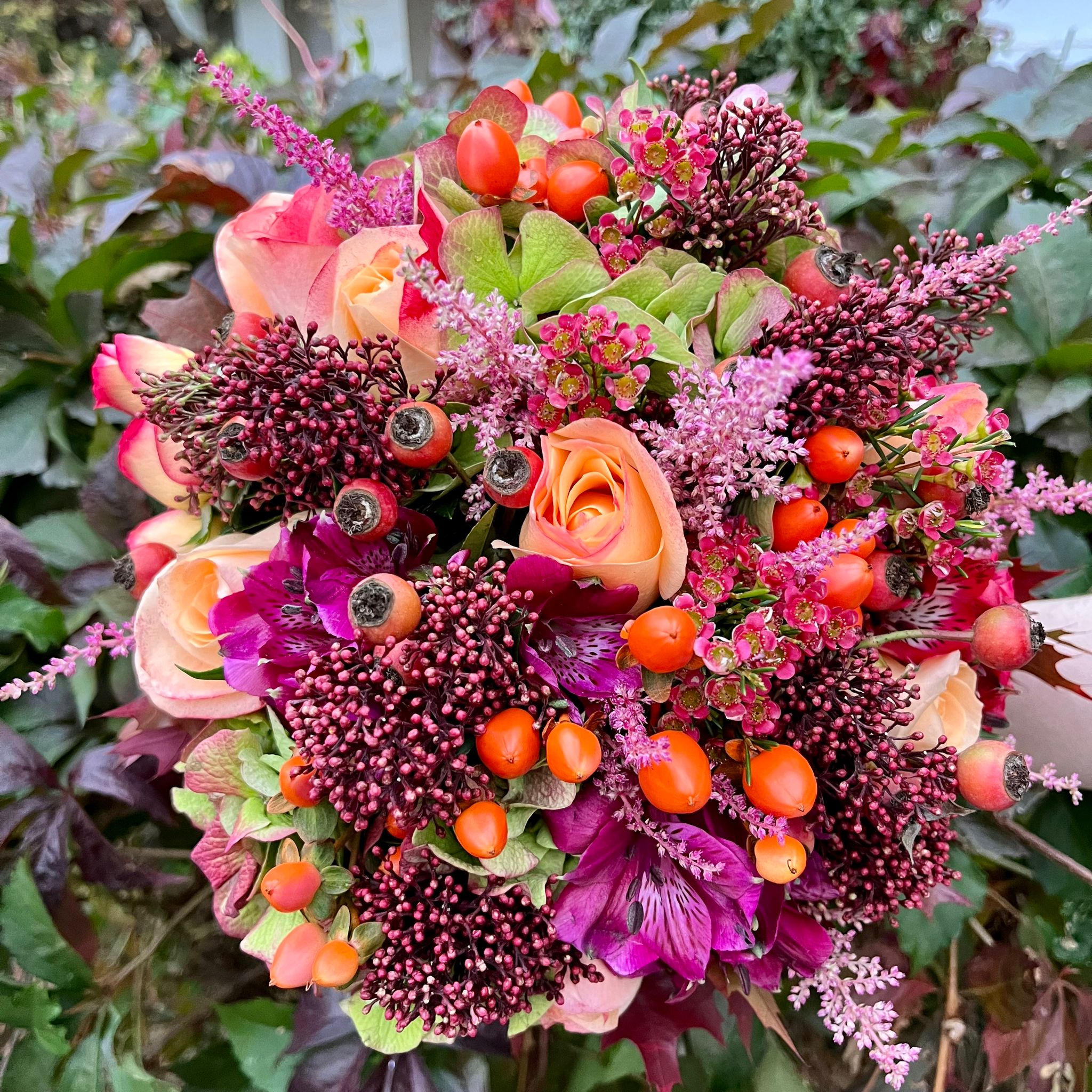 Autumn bridal bouquet with alstromeria astilbe and hydrangea