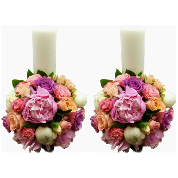 Short peonies, miniroses and roses wedding candles