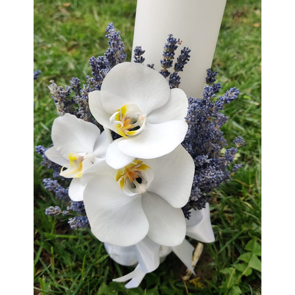 Short orchid and lavender baptism candle
