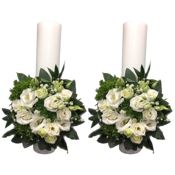 Wedding candles short white and green flowers