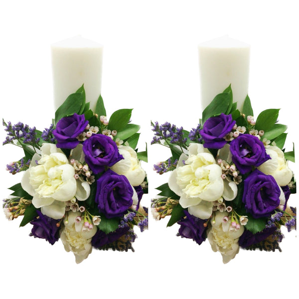 Short peonies and lisianthus wedding candles