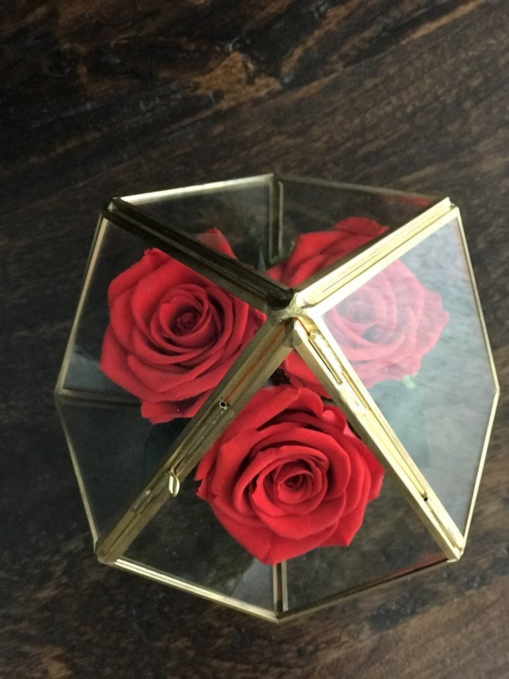 Trandafiri criogenati rosii in terarium sticla, online, cu pret special!