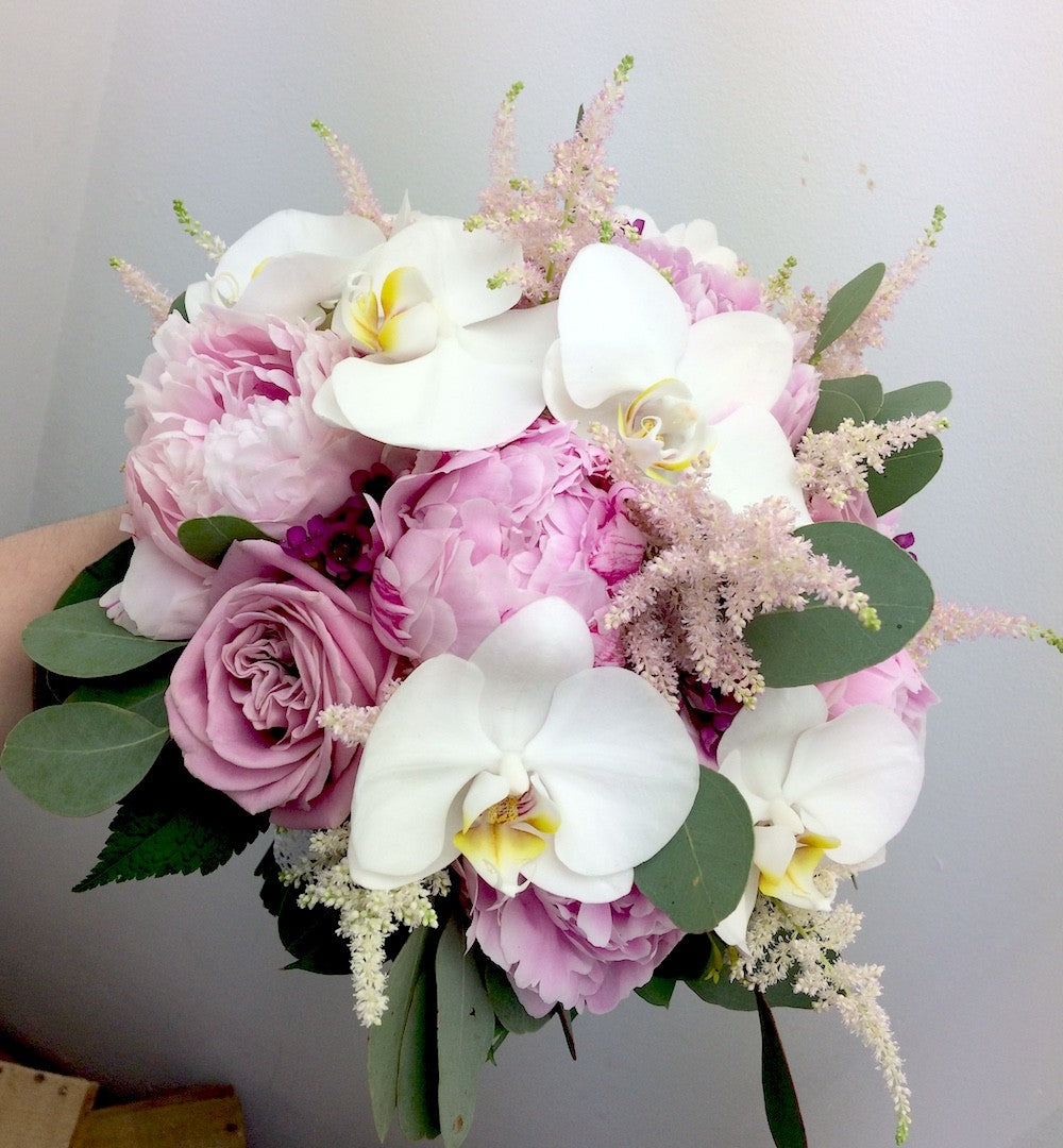 Buchet mireasa bujori roz si orhidee, florarie online cu livrare, pret