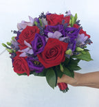 Buchet cununie trandafiri rosii si lavanda