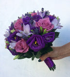 Buchet mireasa trandafiri mov si lavanda