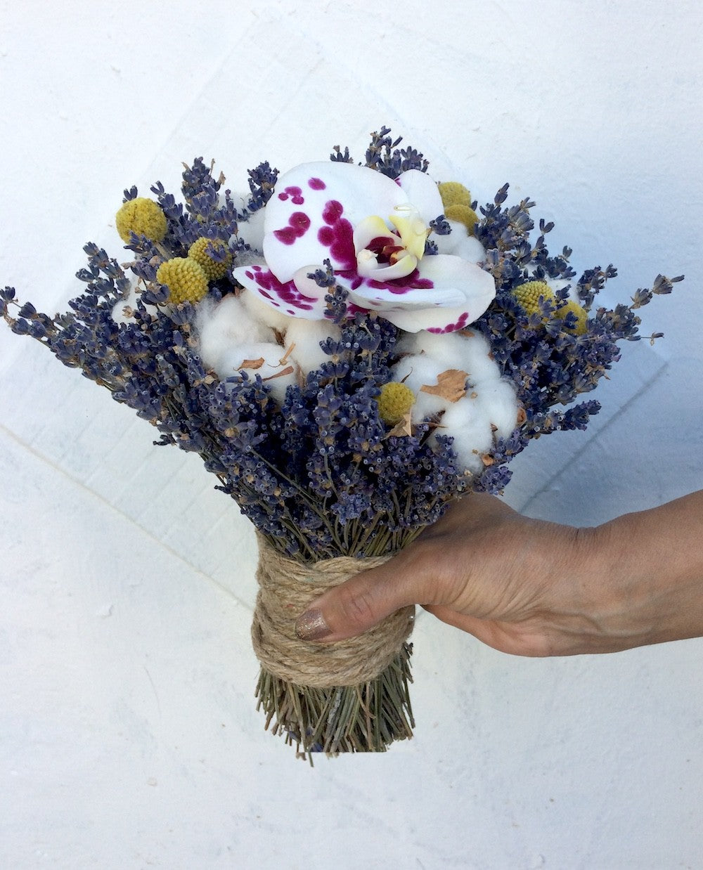 Buchet cununie rustic lavanda, bumbac si craspedia