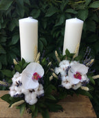 Lumanari nunta scurte rustice cu spice de grau si lavanda, pret atractiv