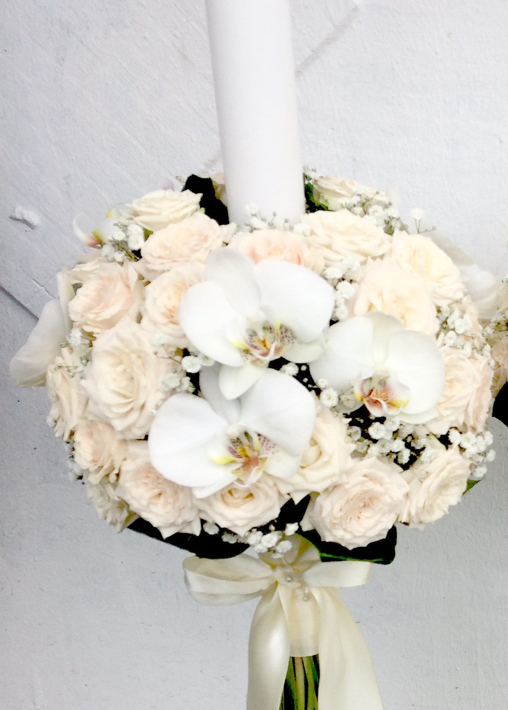 Lumanare botez minirose crem si orhidee phalaneopsis