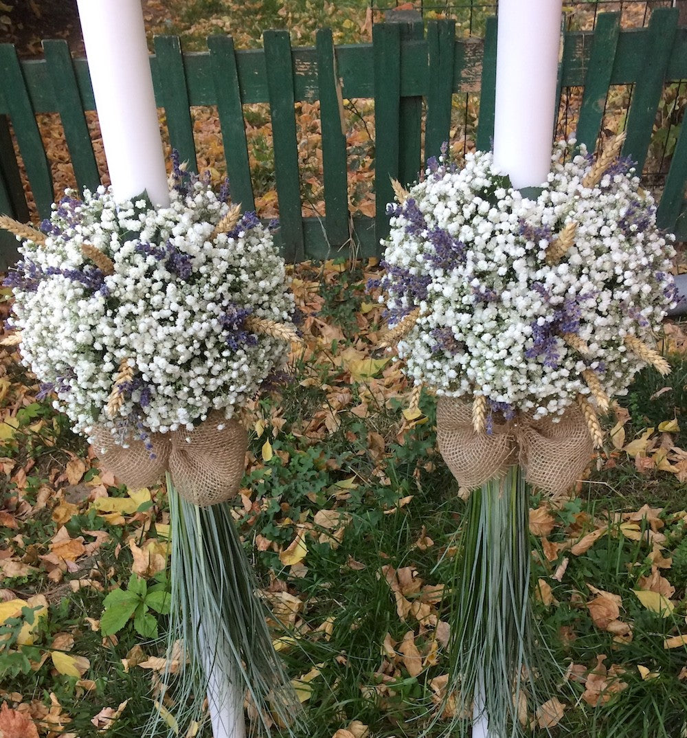 Lumanari cununie rustice lavanda si spice de grau, nunta de toamna sau vara