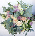 Buchet mireasa trandafiri mov si crem