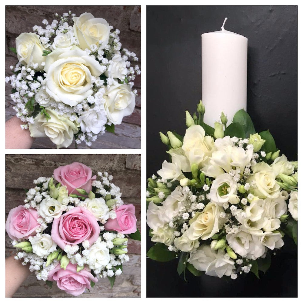 Pachet complet de nunta, buchete si lumanari cu trandafiri si lisianthus