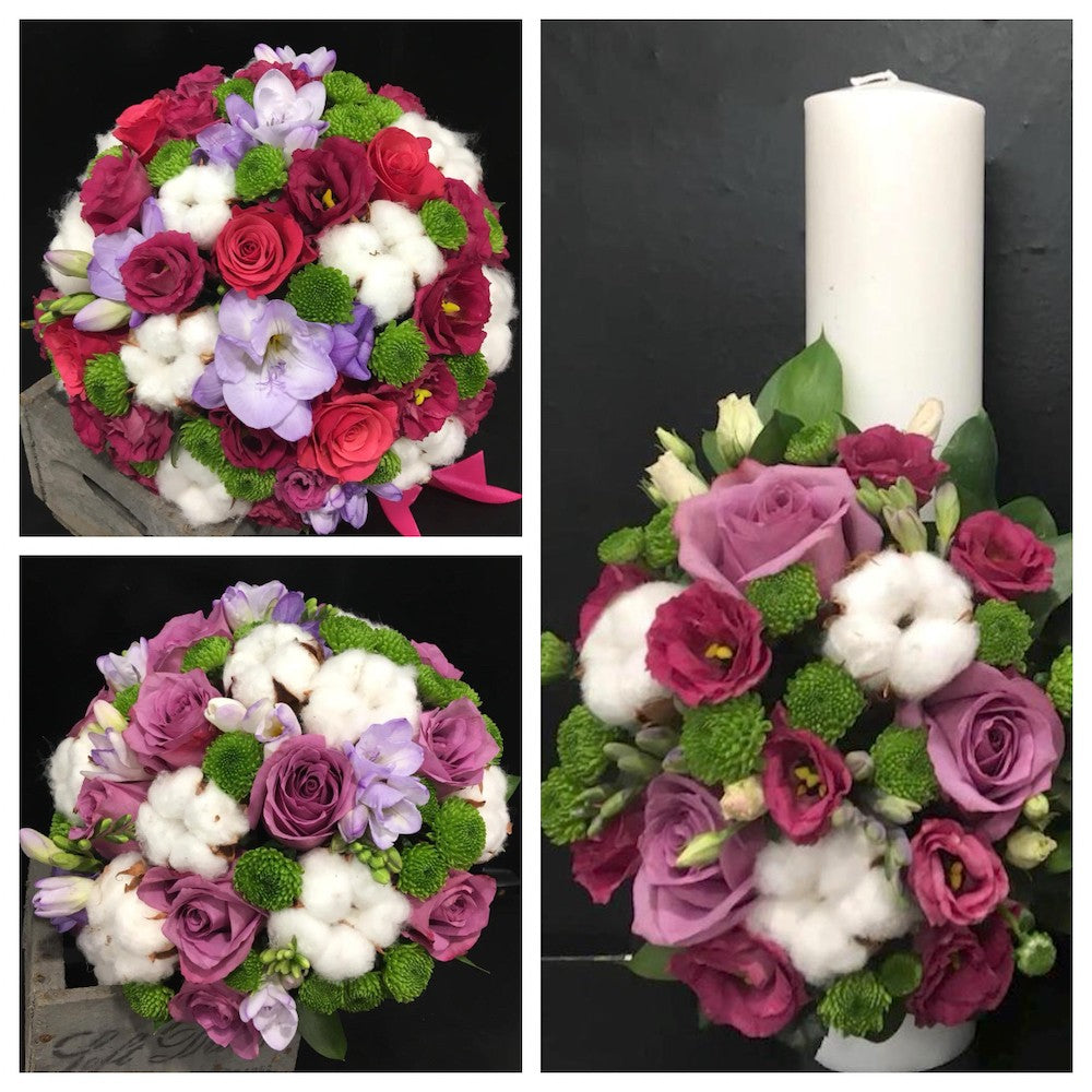 Pachet complet de nunta - buchete si lumanari cununie cu bumbac