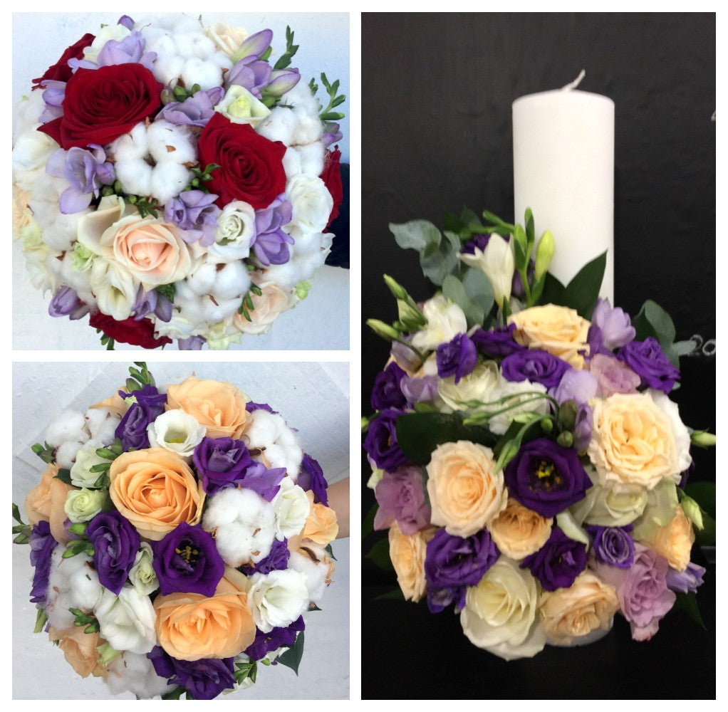 Pachet de buchete si lumanari nunta - bumbac si trandafiri