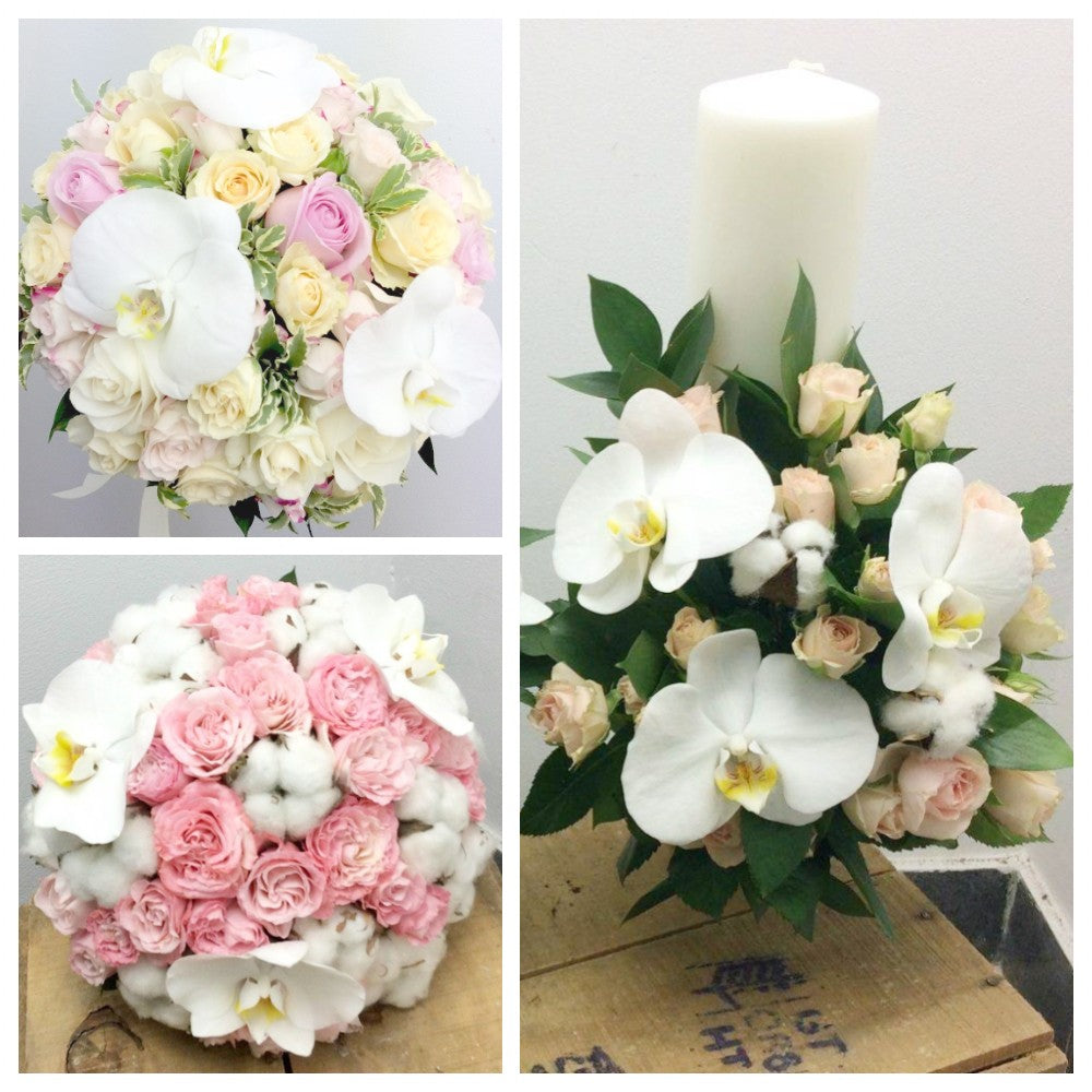 Pachet de nunta - buchete si lumanari cununie minirose crem