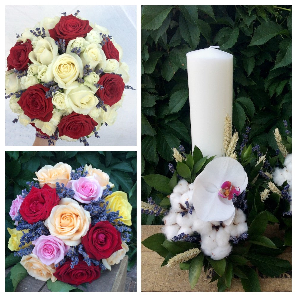 Pachet nunta complet de buchete si lumanari cununie - trandafiri si lavanda