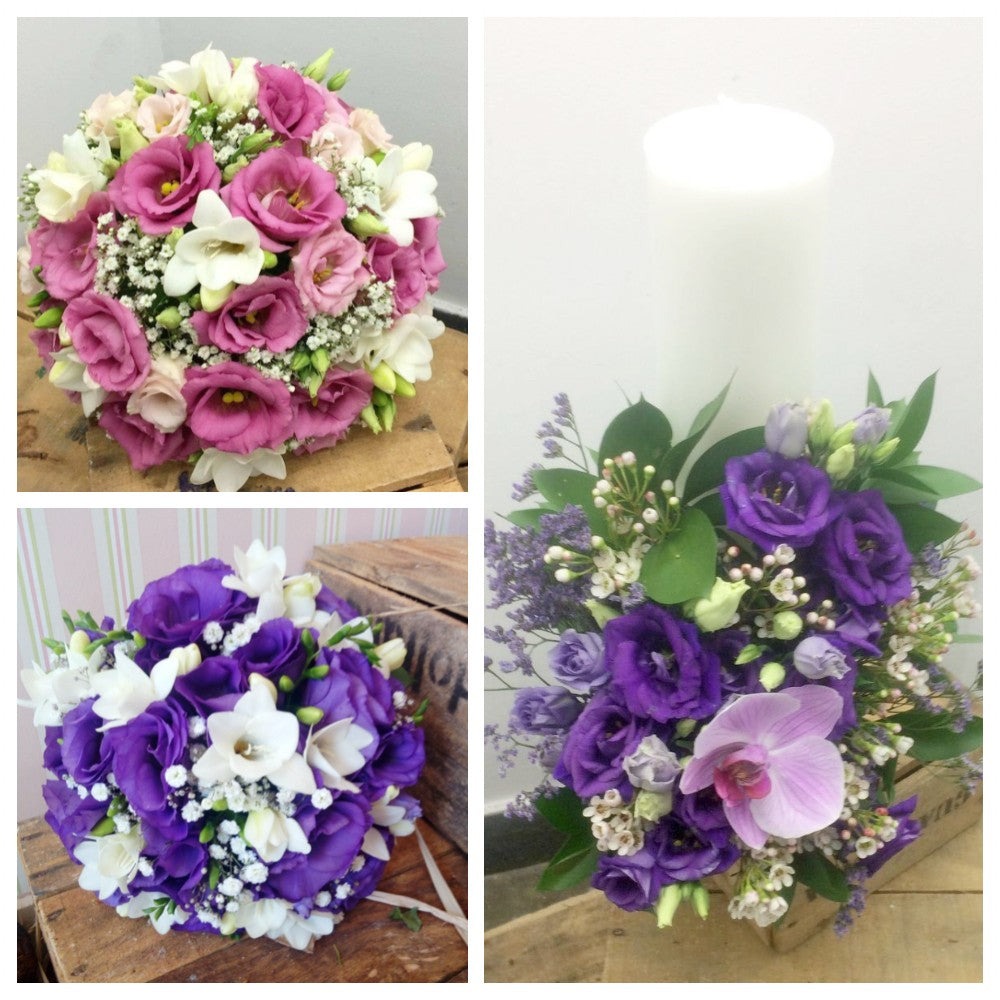 Pachet nunta - buchete si lumanari cununie lisianthus si frezii