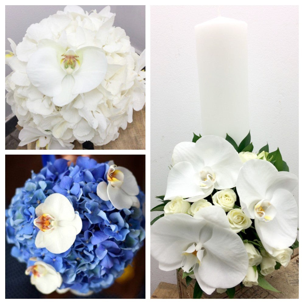 Pachet de buchete si lumanari cununie scurte - orhidee si hortensie