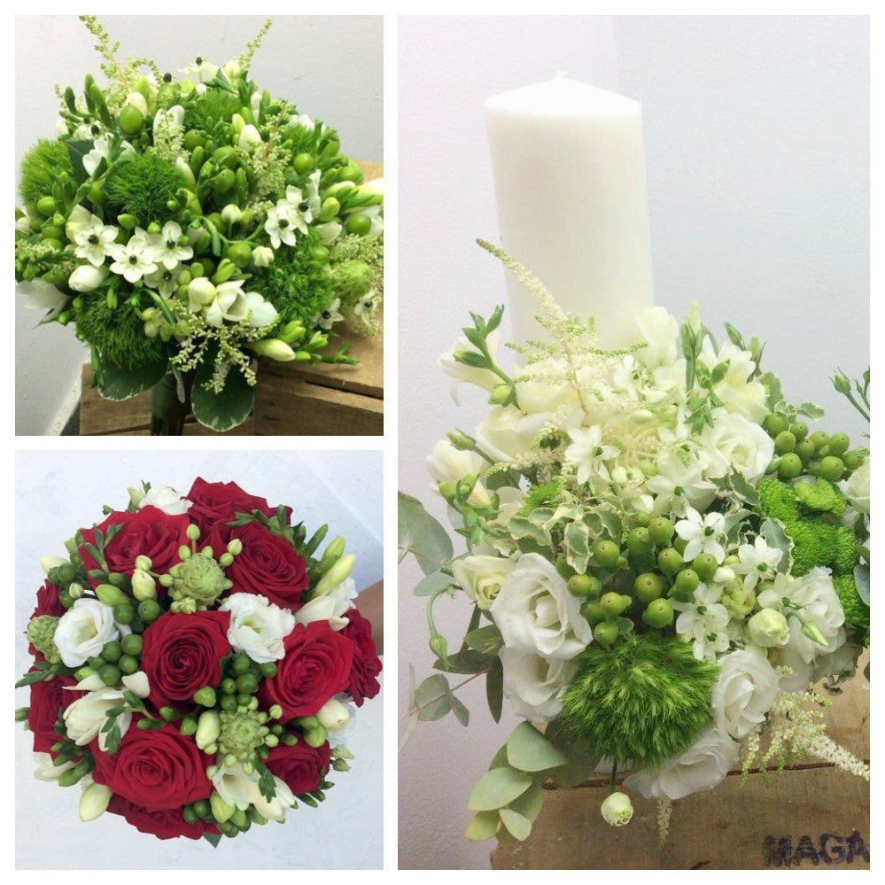 Pachet de lumanari si buchete nunta cu dianthus