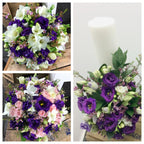 Pachet de cununie de lumanari scurte si buchete cu lisianthus, minirose si frezii