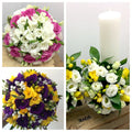 Pachet lumanari si buchete nunta cu frezii galbene si albe