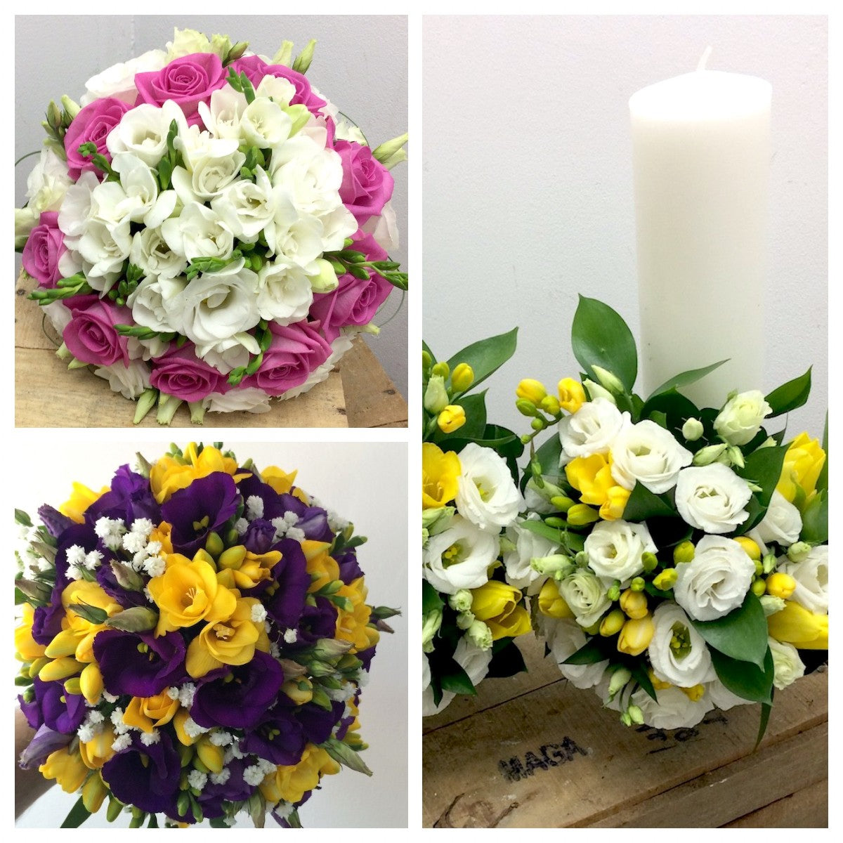 Pachet lumanari si buchete nunta cu frezii galbene si albe