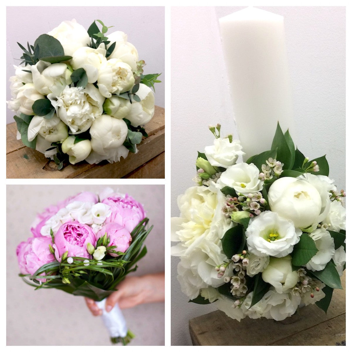 Pachet complet buchete si lumanari scurte bujori albi si roz