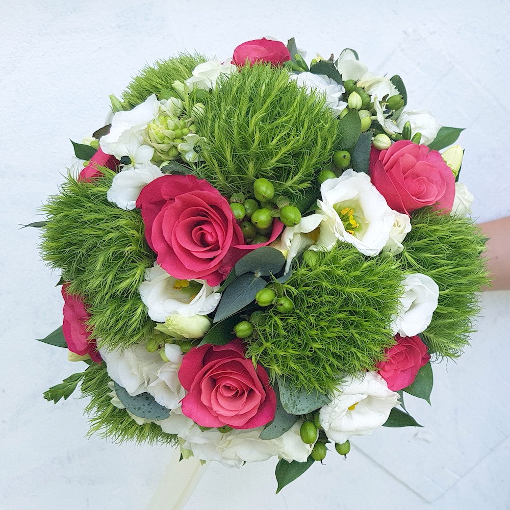 Buchet mireasa dianthus si lisianthus