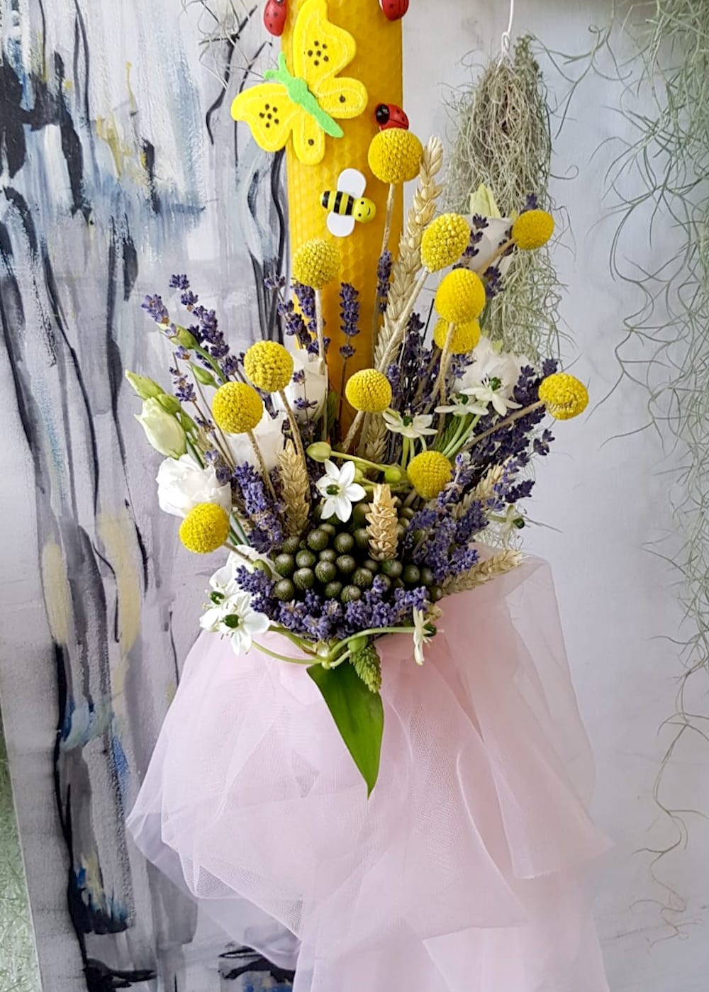 Lumanare botez rustica craspedia si lavanda