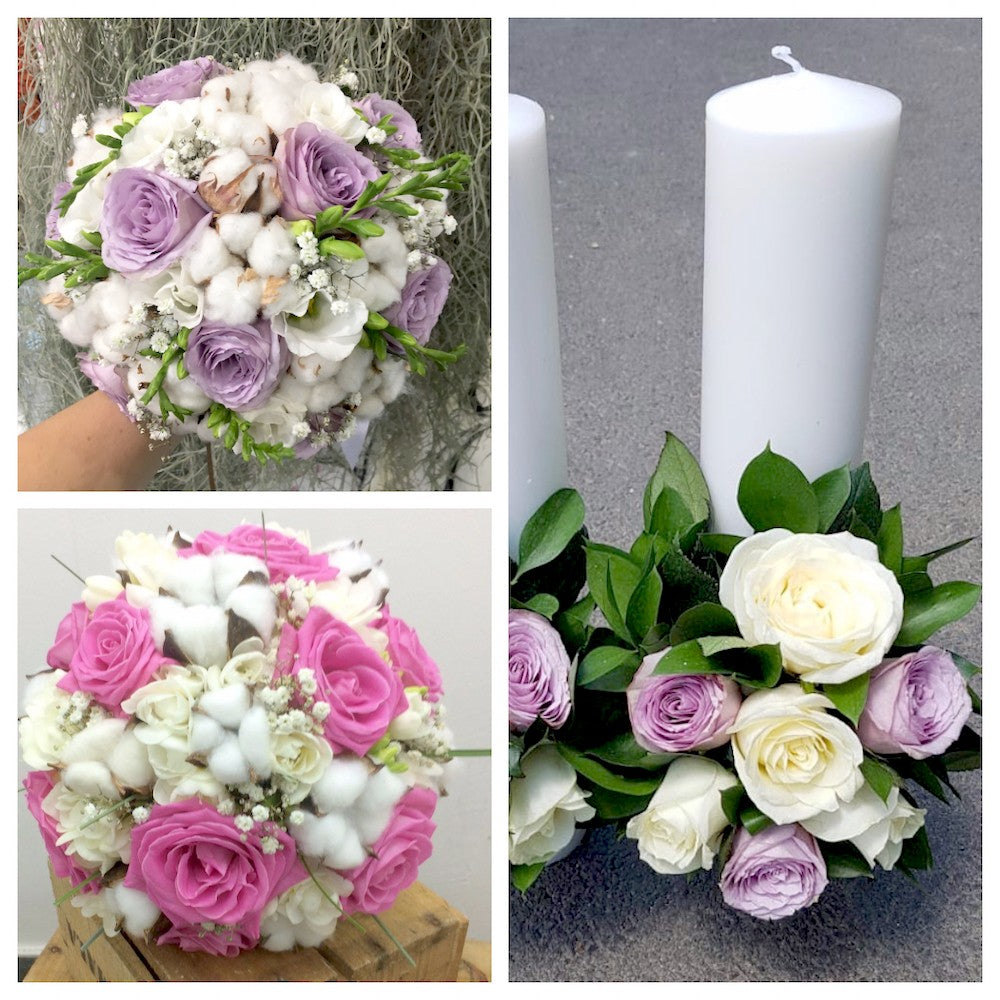 Pachet nunta complet - buchete si lumanari nunta scurte cu bumbac