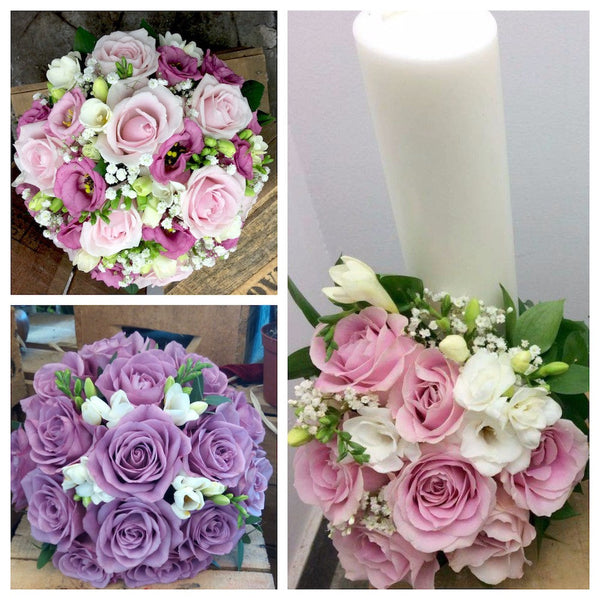 Pachet nunta complet - buchete si lumanari nunta scurte cu trandafiri roz