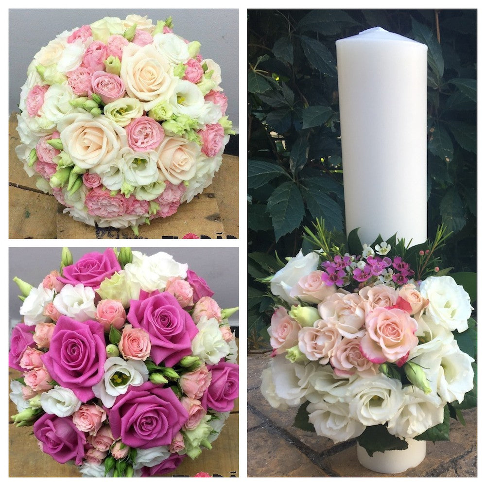 Pachet de nunta cu buchete si lumanari nunta scurte - lisianthus si minirose