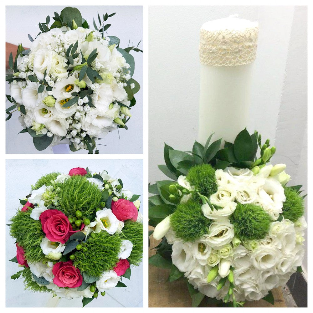 Pachet de cununie - buchete si lumanari nunta scurte cu dianthus