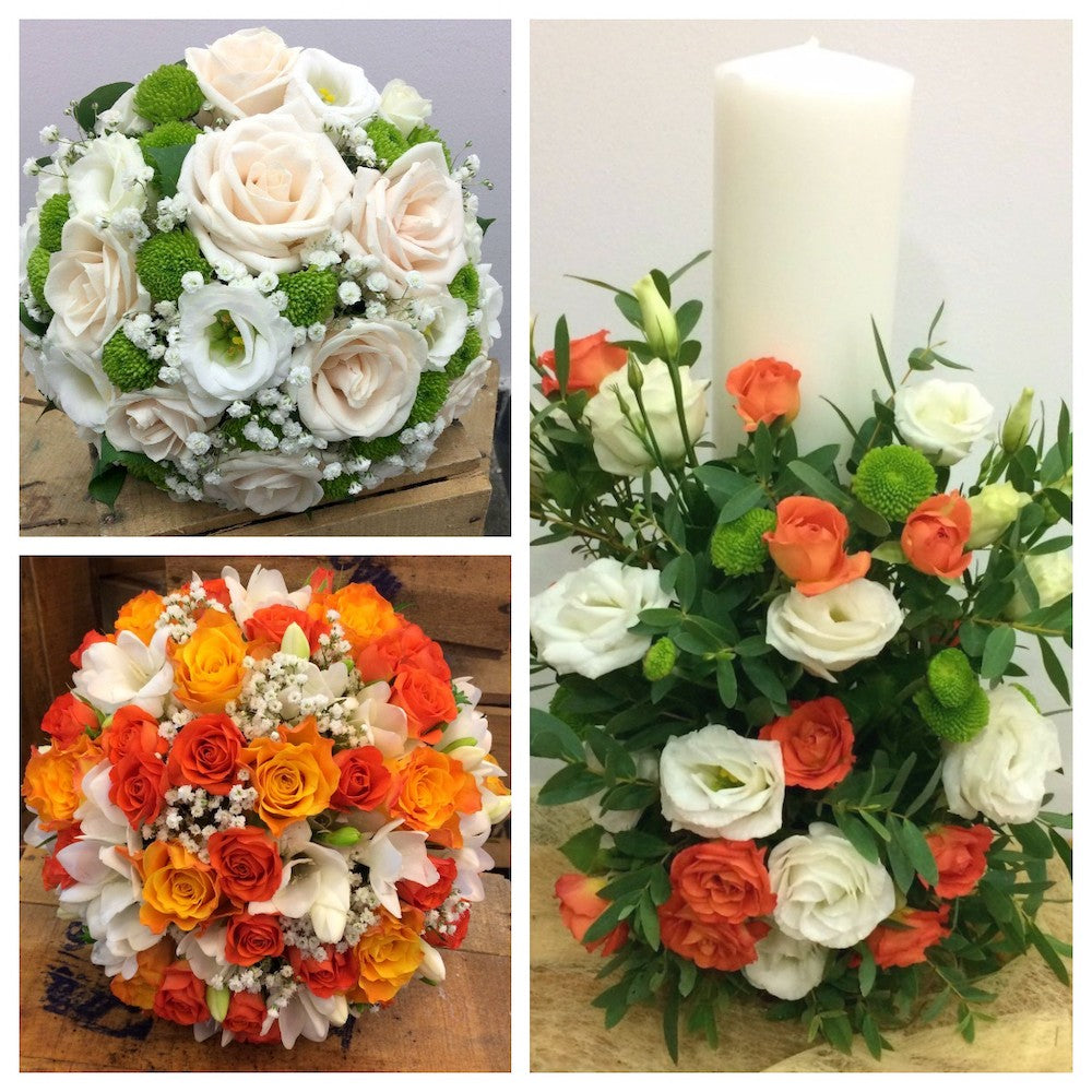 Pachet complet de nunta - buchete si lumanari cununie cu minirose portocalii